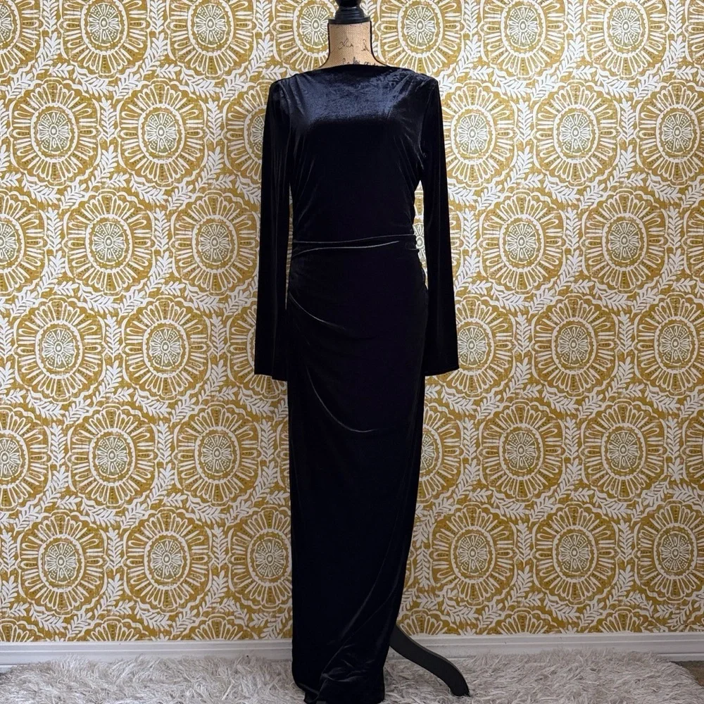 NWT BHLDN Eloise Boat Neck Stretch Side Slit Velvet Maxi Dress in Black Sz M - Picture 4 of 11